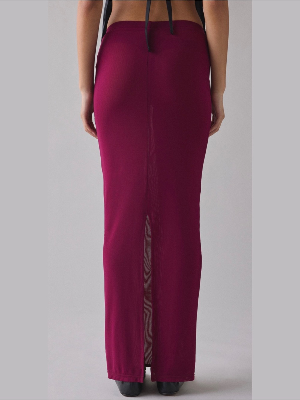 by.DYLN Maddox Semi Sheer Mesh Maxi Skirt Plum Burgundy Slit Size Small - Picture 8 of 11